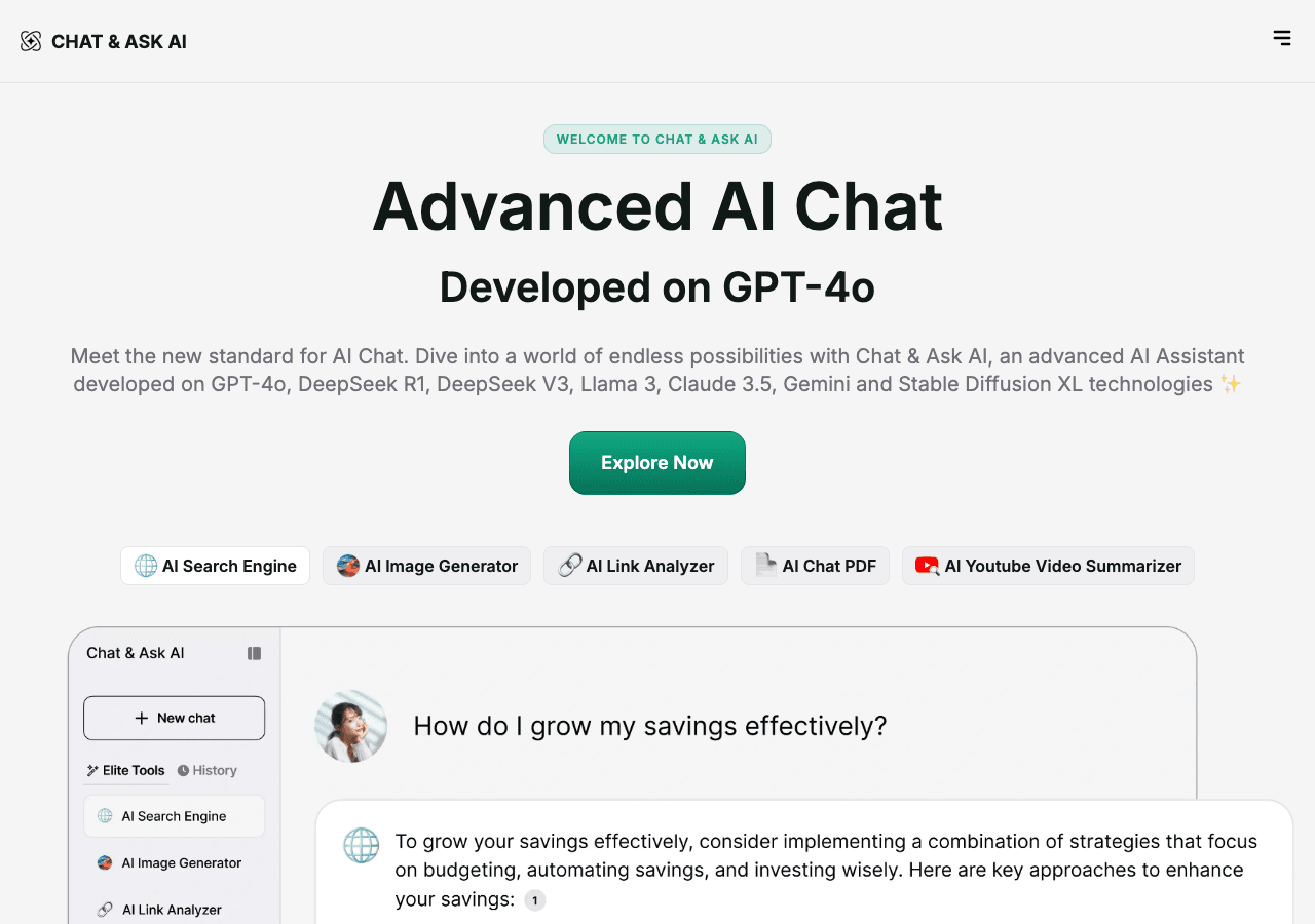 Chat & Ask AI Conversational AI showing Conversational AI - Meet the new standard for AI Chat