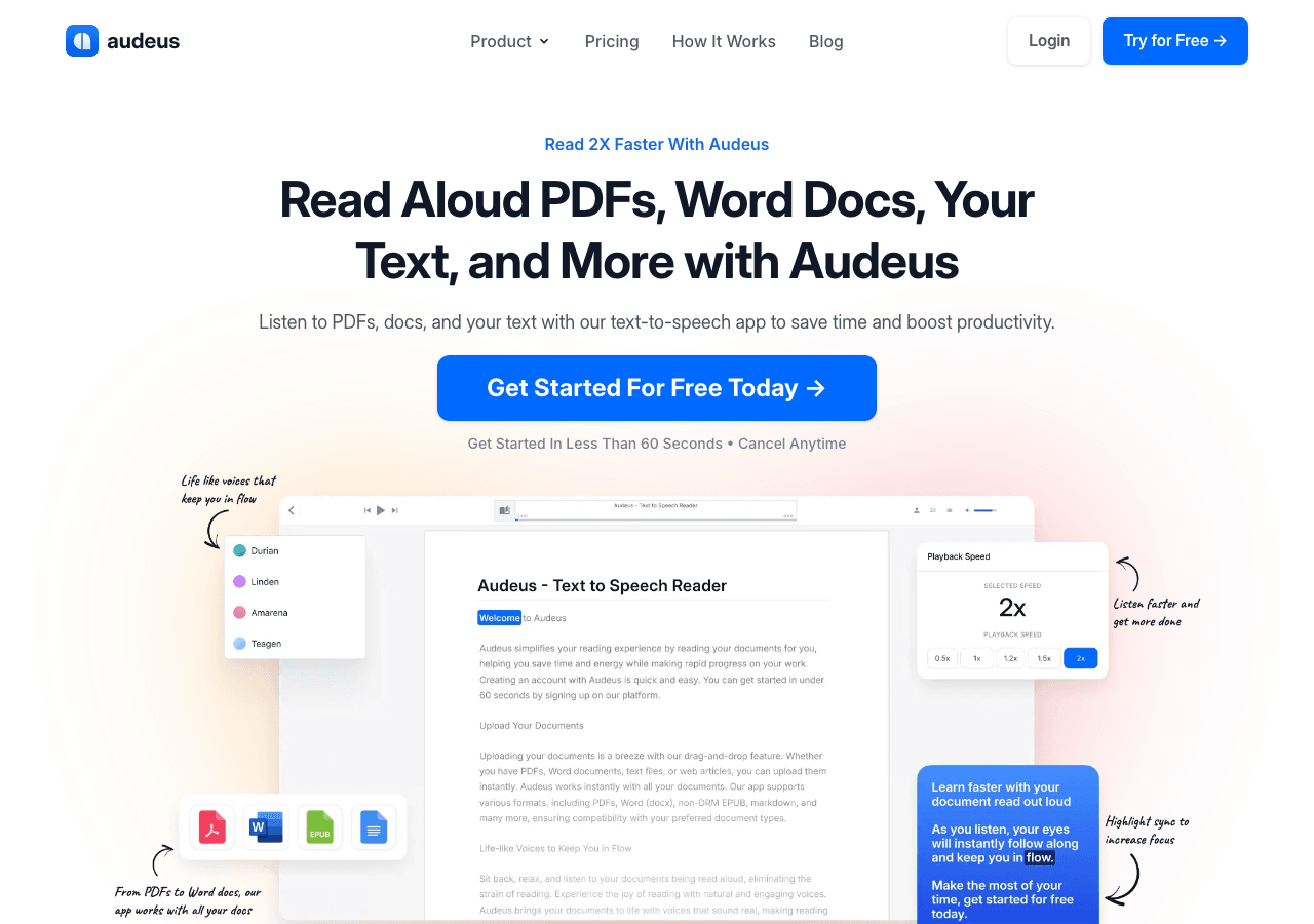 Audeus Audio Generation showing Audio Generation - Bring your reading to life with natural, engaging voices