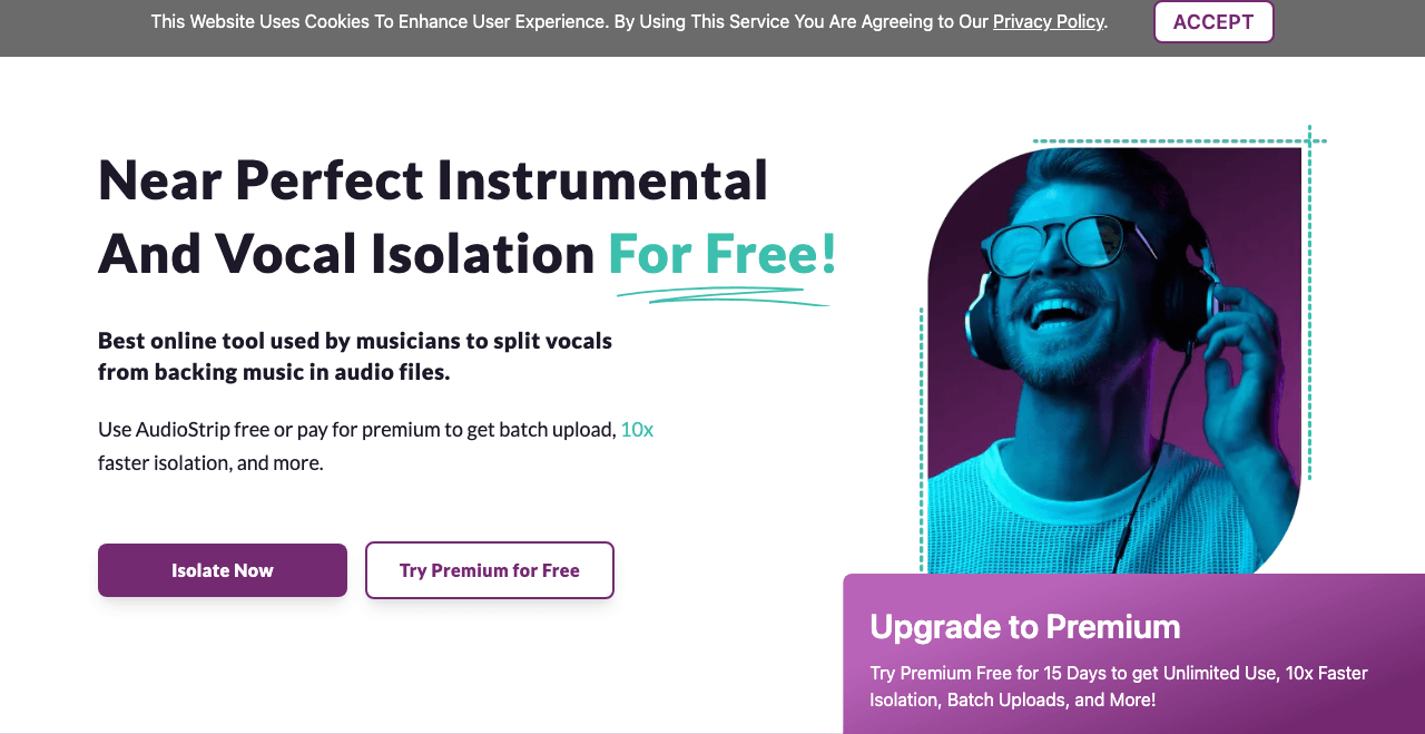 AudioStrip Audio Editing showing Audio Editing - The best free online vocal isolator
