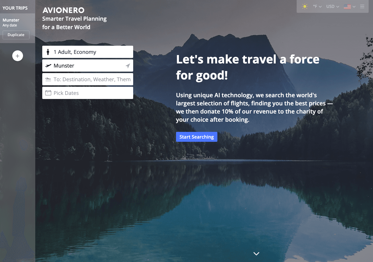 Avionero Search & Discovery showing Search & Discovery - Your Travel Companion