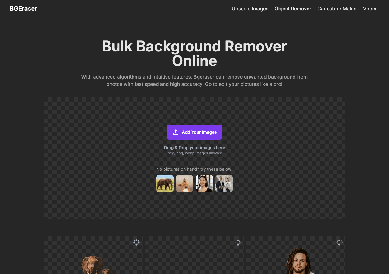 BgEraser Design showing Design - Bulk AI background removal online, 100% free and fast
