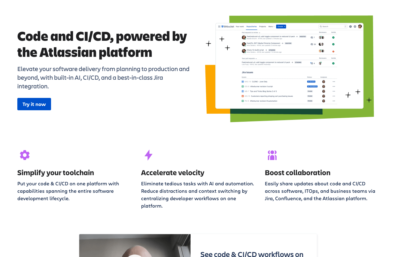 Bitbucket Productivity & Collaboration showing Productivity & Collaboration - Code & CI/CD, supported by the Atlassian platfo
