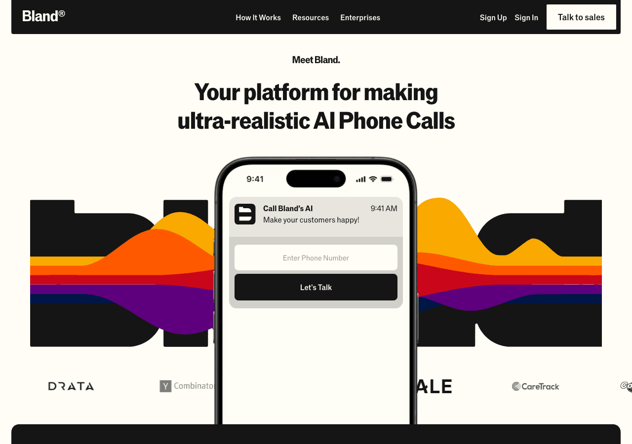 Bland AI Conversational AI showing Conversational AI - Ultra-Realistic Voice Agents for Enterprise Automation