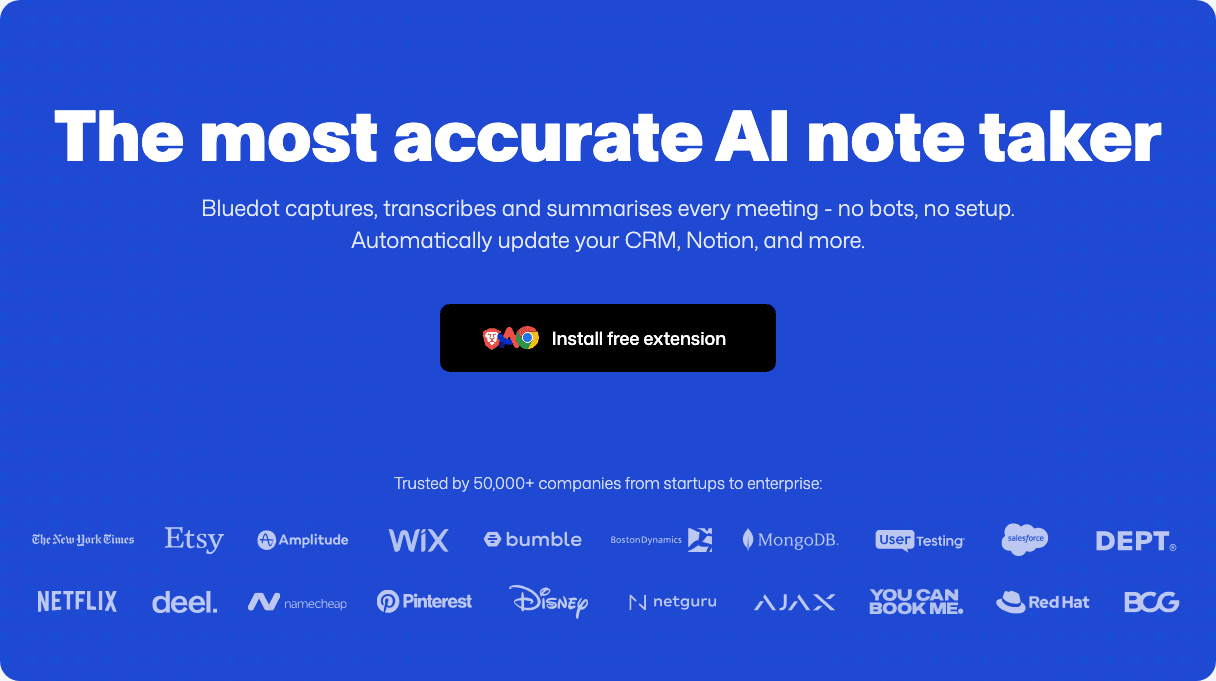 Bluedot Productivity & Collaboration showing Productivity & Collaboration - The AI meeting assistant—bot free, accurate, and