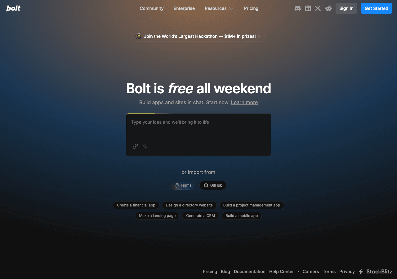 Bolt.new Code Assistance showing Code Assistance - Build full-stack apps at the speed of thought—AI-powered, browser-native,