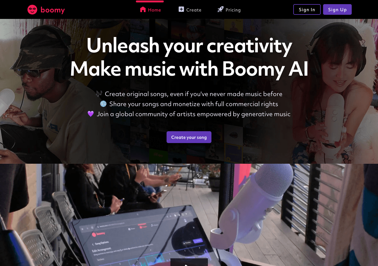 Boomy Audio Generation showing Audio Generation - Make, customize, and release music with AI—instantly.