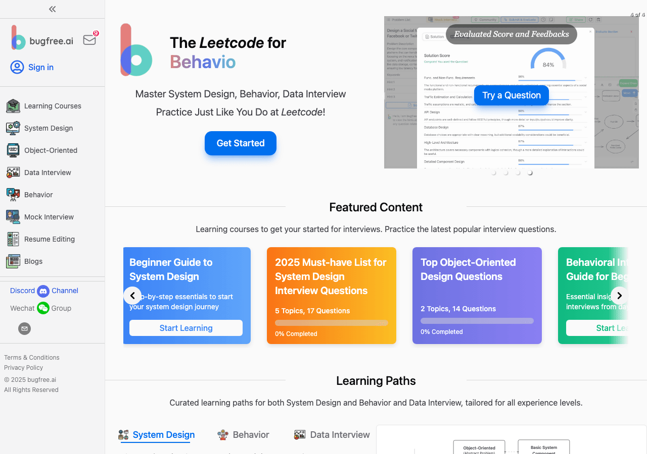 bugfree.ai Code Assistance showing Code Assistance - Ace your tech interviews with AI-guided preparation.