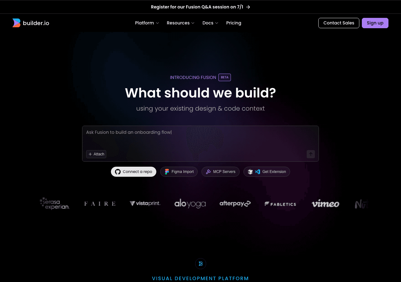 Builder.io Design showing visual development platform - AI Frontend Engineer