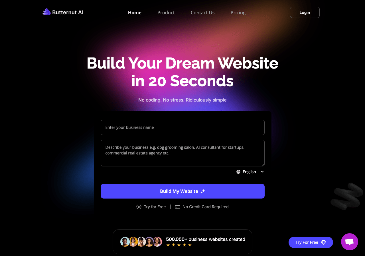 Butternut.ai Design showing Design - Create a website in 20 seconds with AI