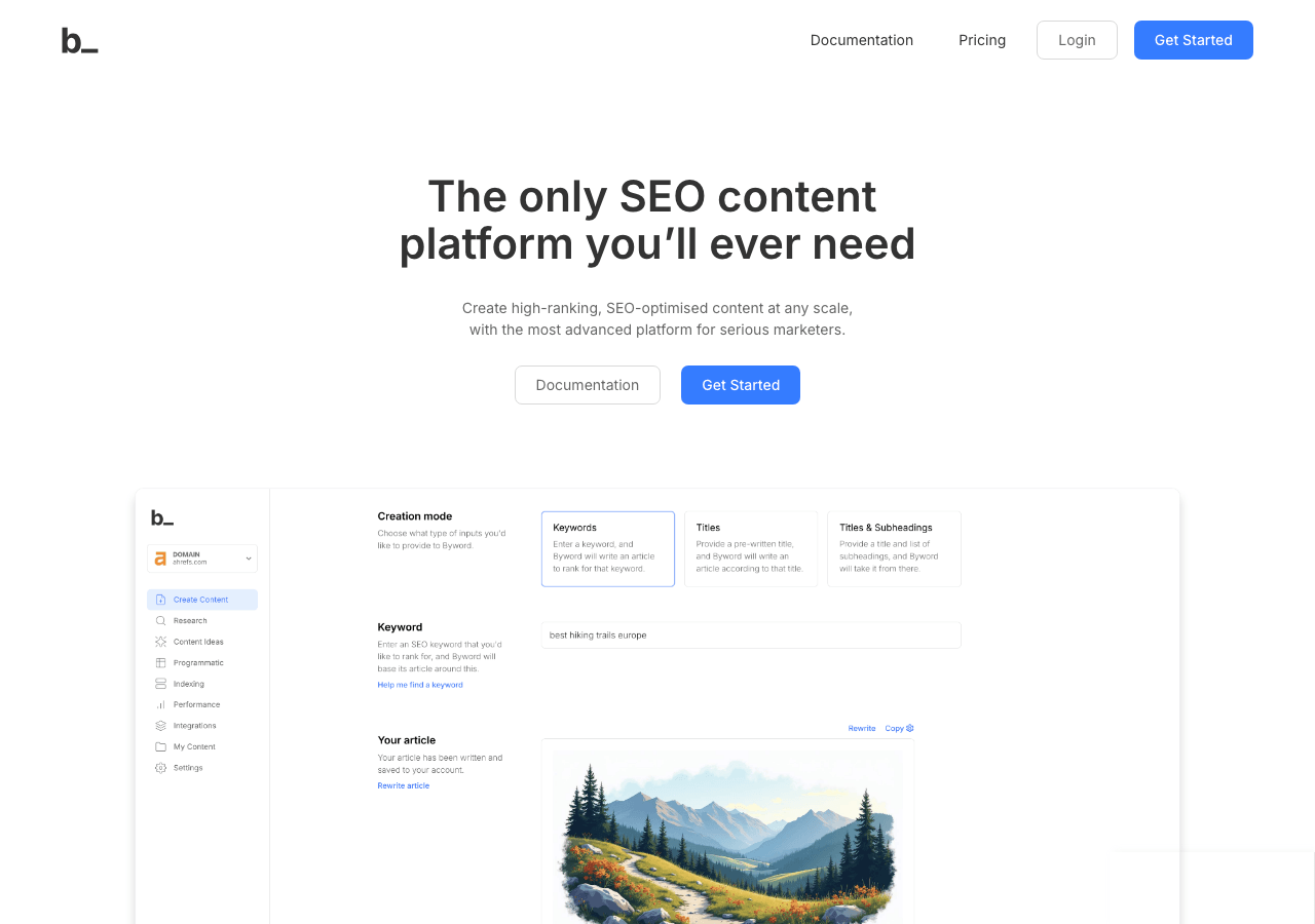 Byword Writing & Translation showing Writing & Translation - SEO-optimized articles, published automatically