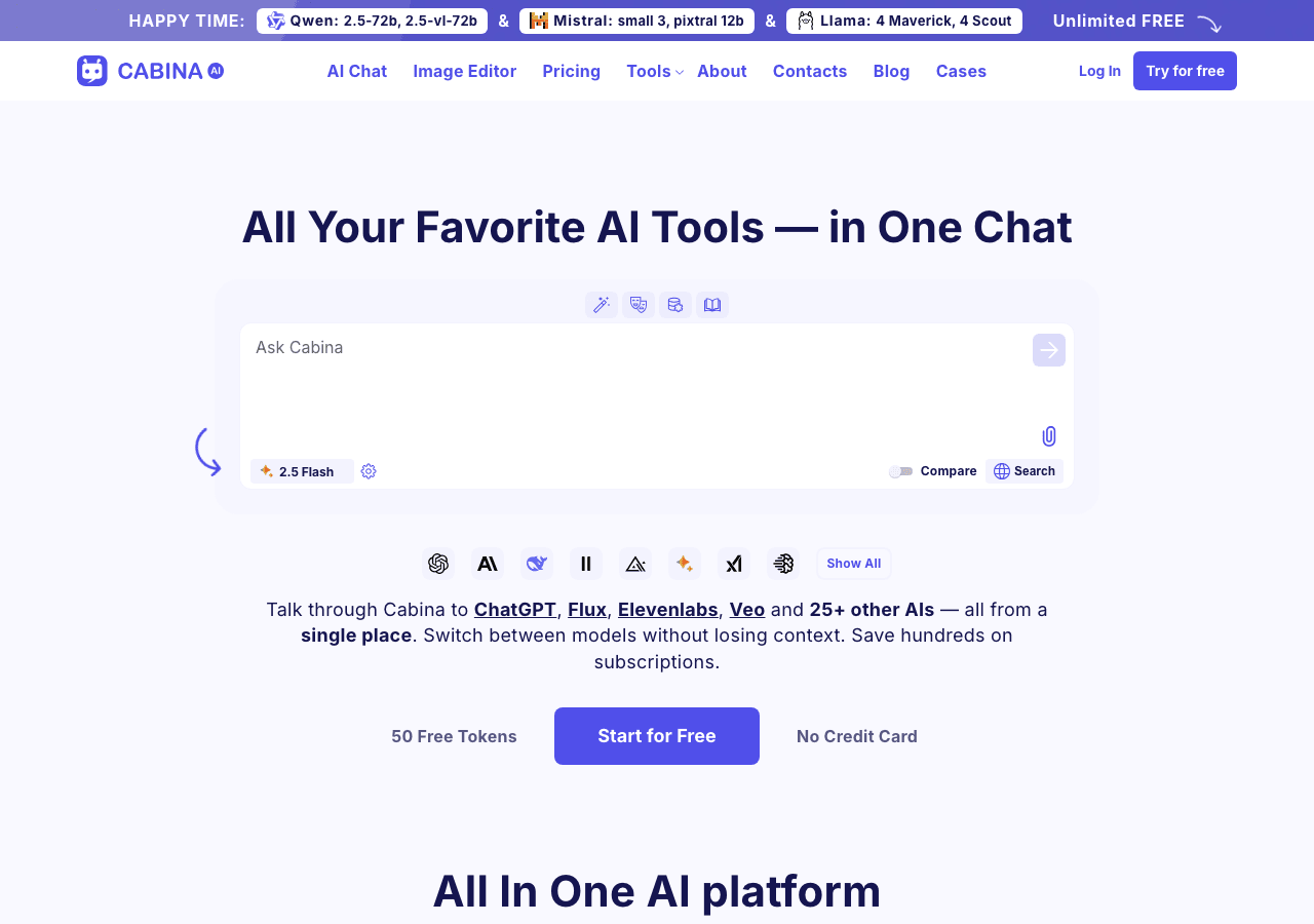 Cabina.AI Conversational AI showing Conversational AI - All your AI models. One intelligent workspace.