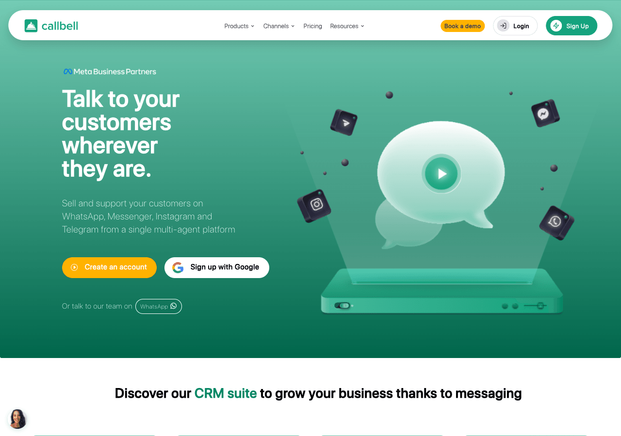 Callbell Conversational AI showing Conversational AI - Connect with your customers across all messaging apps