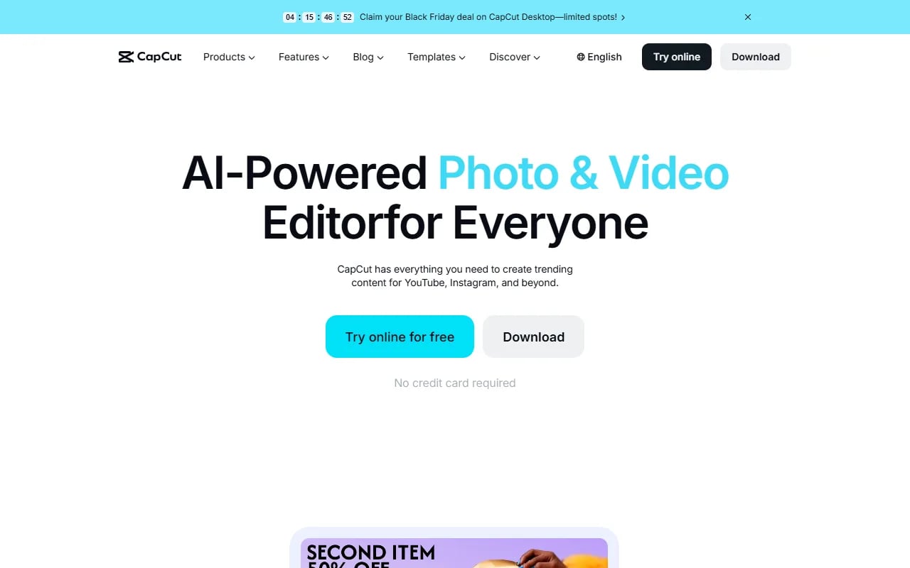 CapCut Video Editing showing Video Editing - Create professional videos effortlessly with AI-powered tools