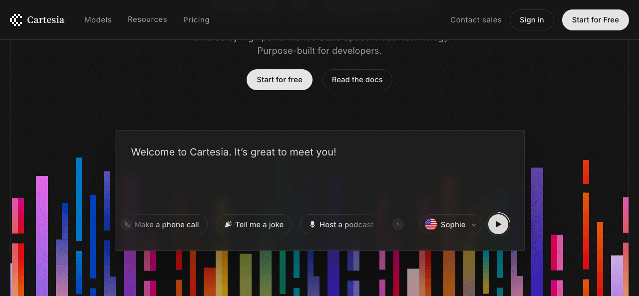 Cartesia Conversational AI showing Conversational AI - The fastest, ultra-realistic voice AI platform