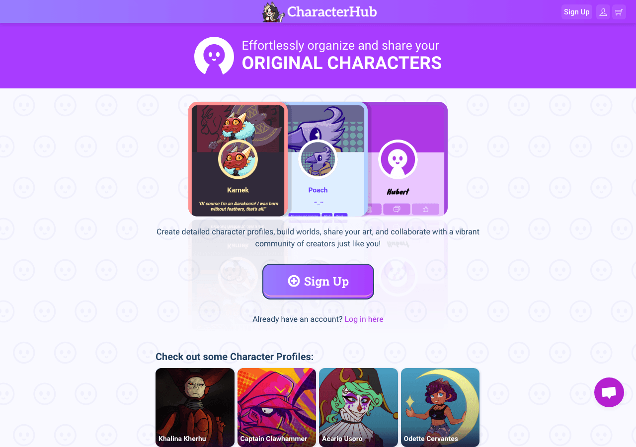 CharacterHub Productivity & Collaboration showing Productivity & Collaboration - Share and store your original characters