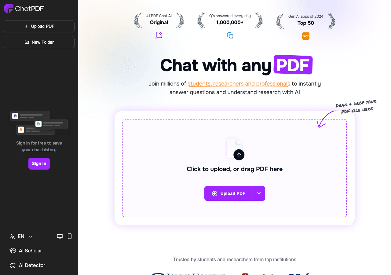 ChatPDF Conversational AI showing Conversational AI - Chat with any PDF – Instantly understand, organize, and analyze your do