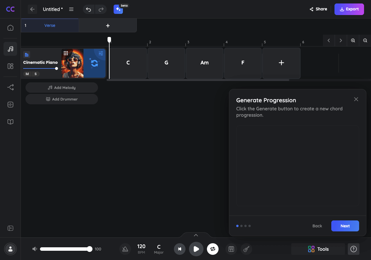 ChordChord Music Generation showing Music Generation - Your ultimate chord progression generator