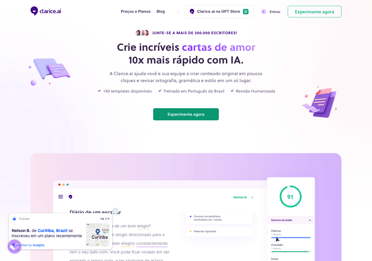 Clarice.ai Writing & Translation showing Writing & Translation - AI-powered content creation in flawless Portuguese—fast, ori