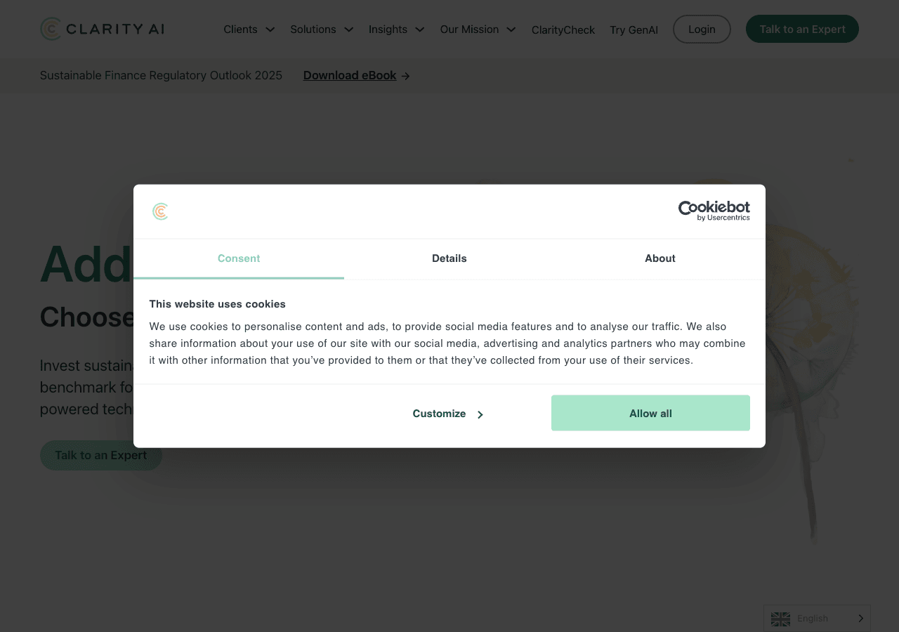 Clarity AI Data Analytics showing Data Analytics - Market-leading sustainability insights powered by AI