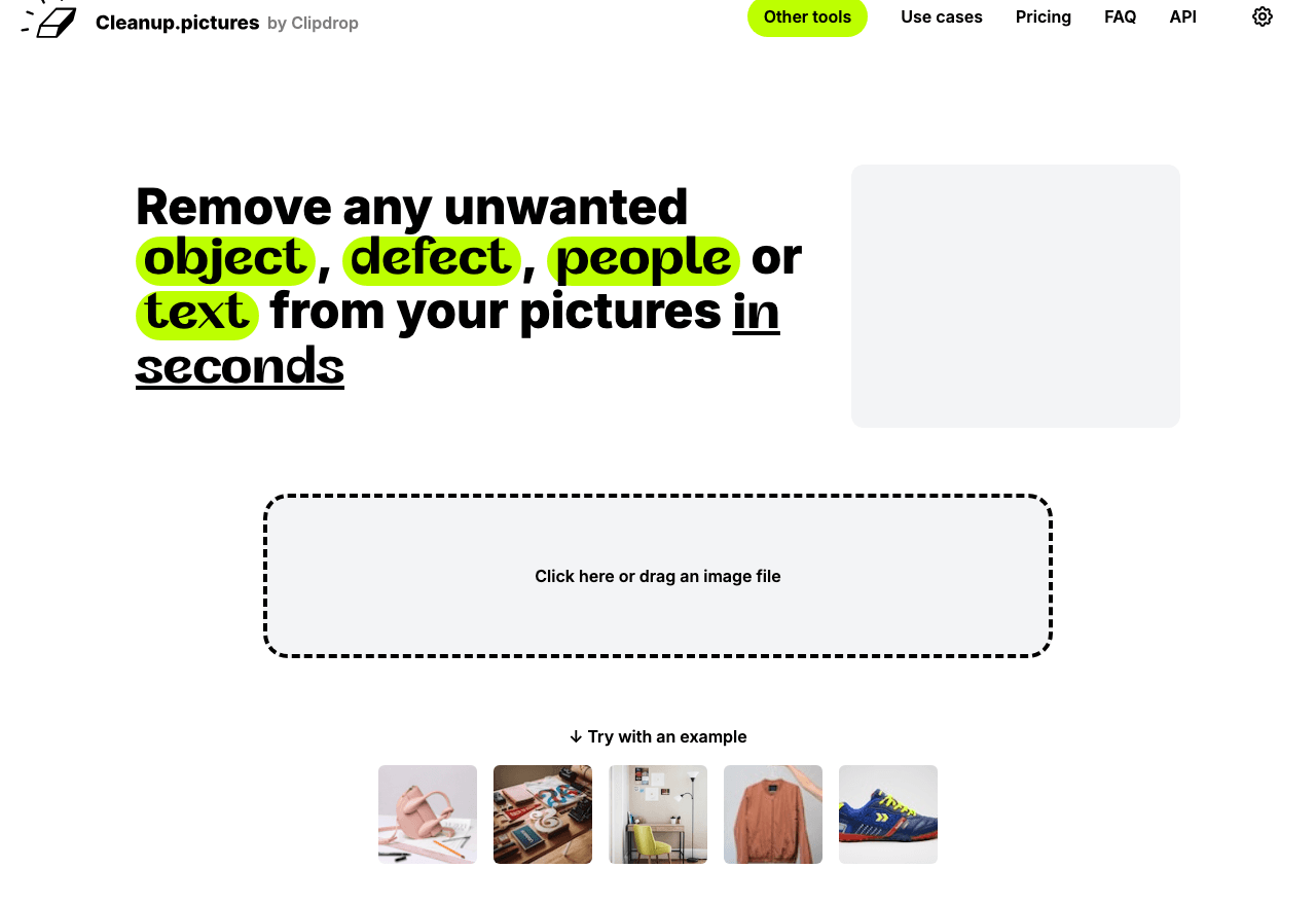 Cleanup.pictures Design showing Design - Remove unwanted objects from photos in seconds with AI