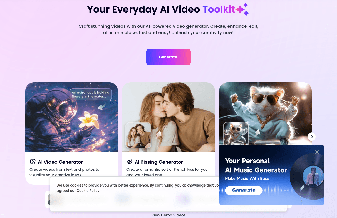 Clipfly Video Generation showing Video Generation - Create AI‑powered videos from text and images online – watermark‑free and