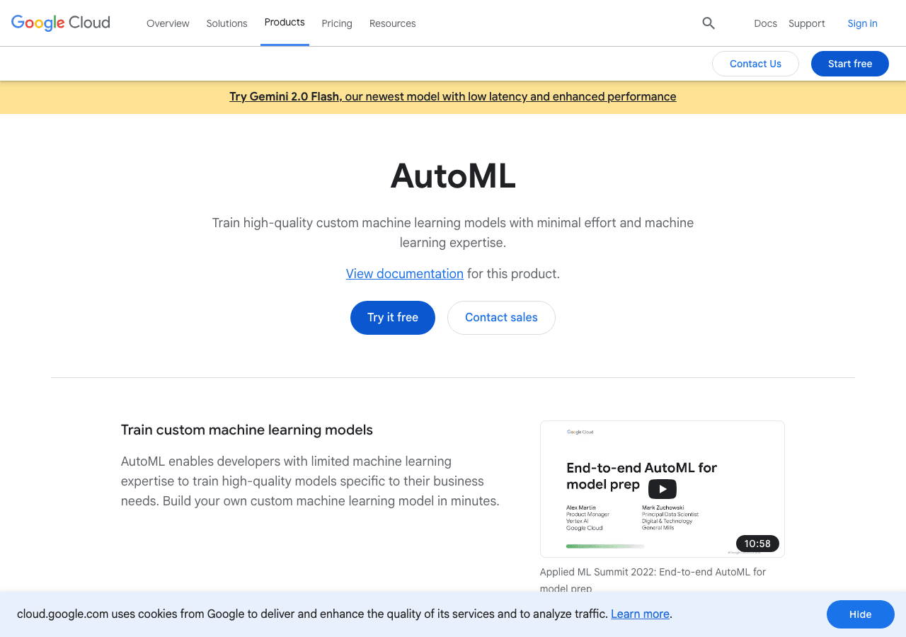 Google Cloud AutoML Data Analytics showing Data Analytics - Build, train, and deploy ML and generative AI models—no expertise