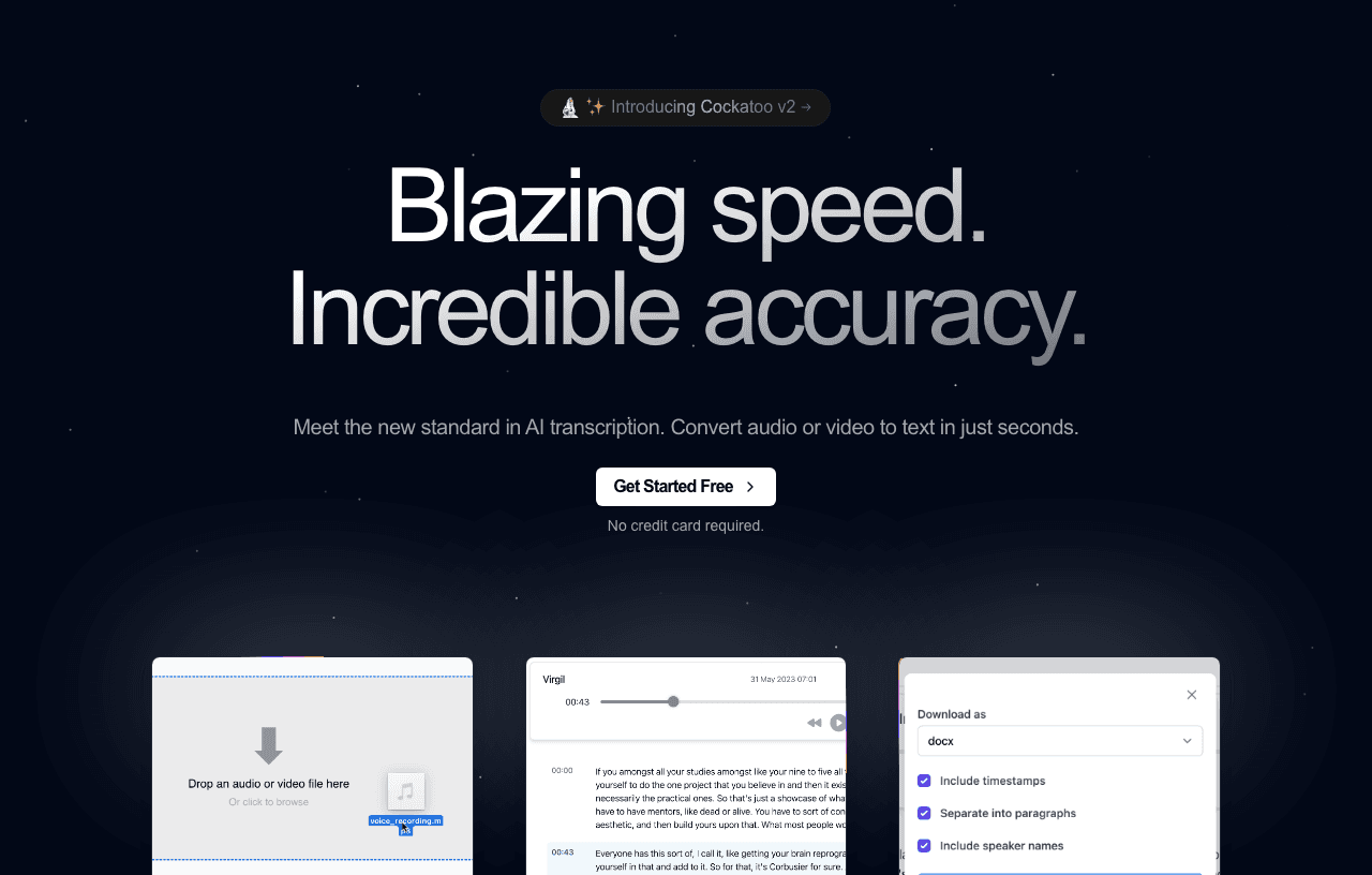 Cockatoo Writing & Translation showing ai translation - Transcribe and translate audio or video instantly with AI