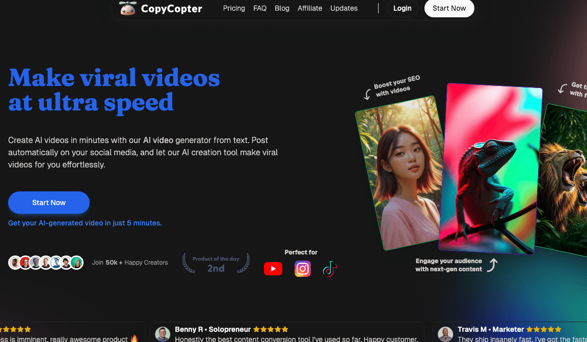 CopyCopter Video Generation showing Video Generation - Everyone's a Creator. Few Direct.