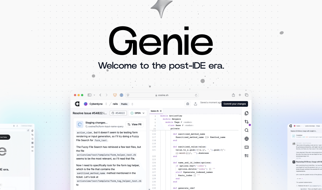 Cosine AI Code Assistance showing Code Assistance - Self-sufficient agentic AI software engineer