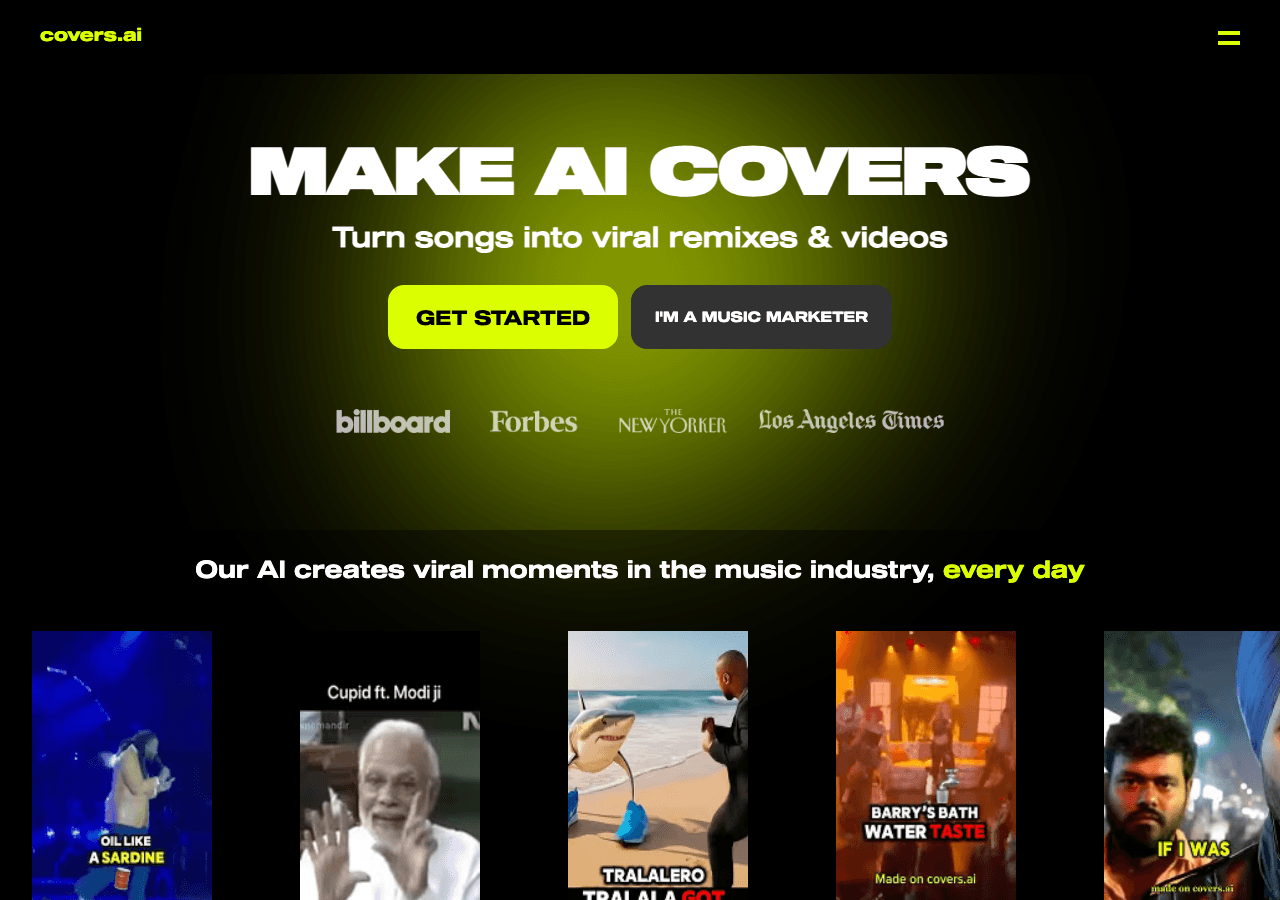 Covers.ai Audio Generation showing Audio Generation - AI remix and cover tools for your next viral hit.