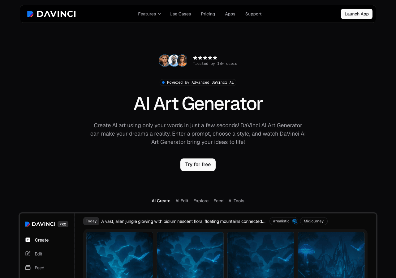 DaVinci AI Image Generation showing Image Generation - AI creative studio for images, videos, and voice