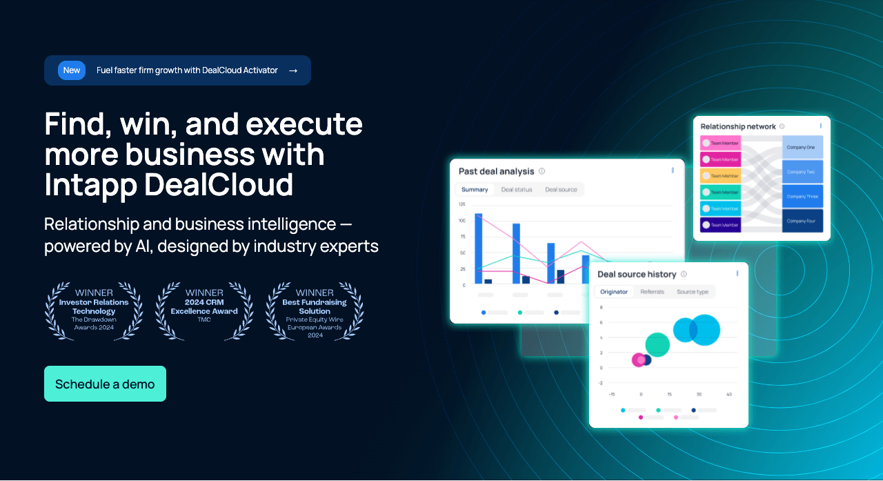 Intapp DealCloud Data Analytics showing Data Analytics - Find, win, and execute more business with Intapp DealCloud