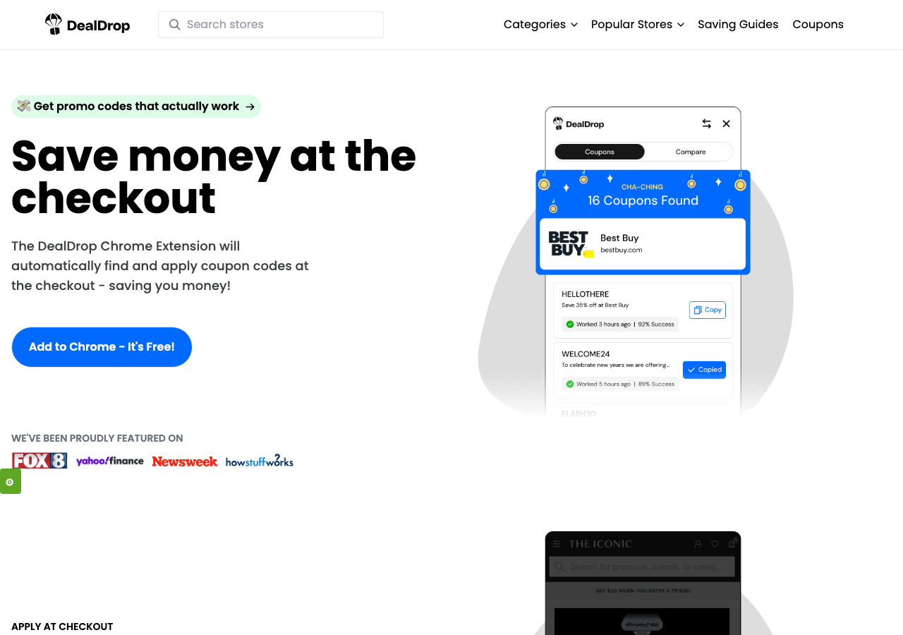 DealDrop Search & Discovery showing Search & Discovery - Automatically find and apply the best coupon codes and deals online