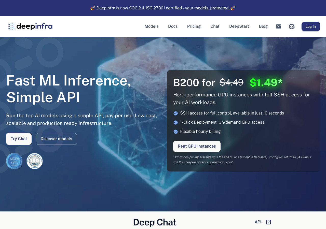 Deep Infra Code Assistance showing Code Assistance - Run models at scale with our fully managed GPU infrastructure, deliverin