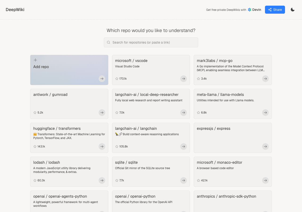 DeepWiki Code Assistance showing Code Assistance - AI-powered encyclopedias for your GitHub repos