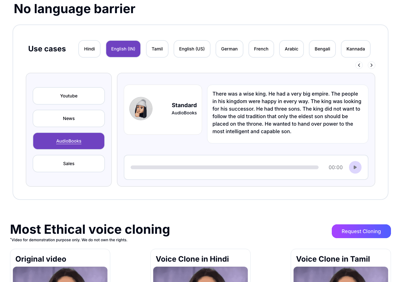 DesiVocal Audio Generation showing Audio Generation - Free Text To speech and AI Voice generator