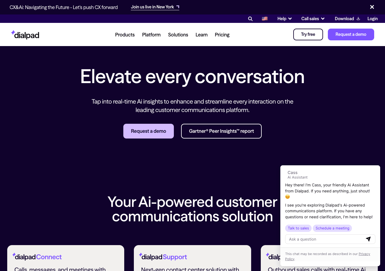 Dialpad Conversational AI showing Conversational AI - The AI-powered communications and contact center platform