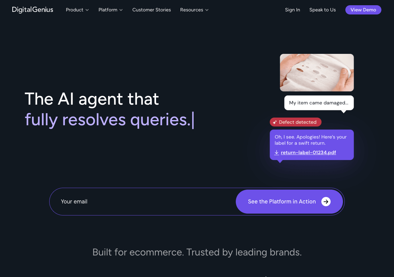 DigitalGenius Conversational AI showing Conversational AI - Transform your customer experience with DigitalGenius – AI-powere