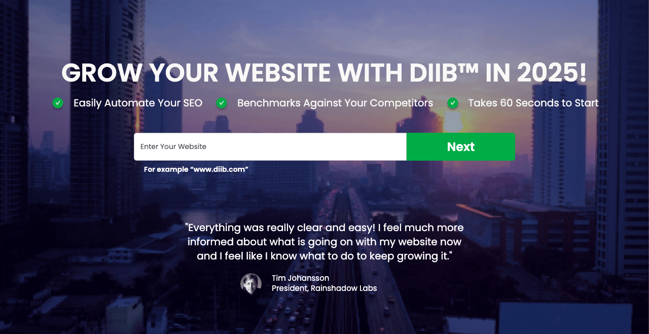 Diib Marketing Automation showing Marketing Automation - Free SEO + AI website scan in 60 seconds