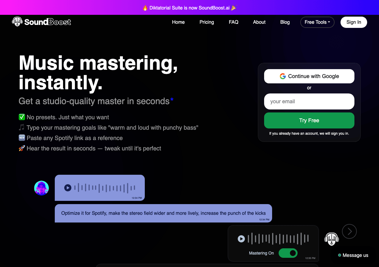 SoundBoost.ai Audio Editing showing Audio Editing - Upload your song, guide the sound with words, get a polished master fast