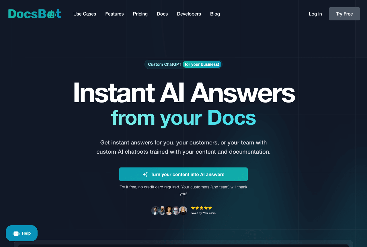 DocsBot AI Conversational AI showing Conversational AI - Custom AI chatbots trained on your content for instant, accurate ans