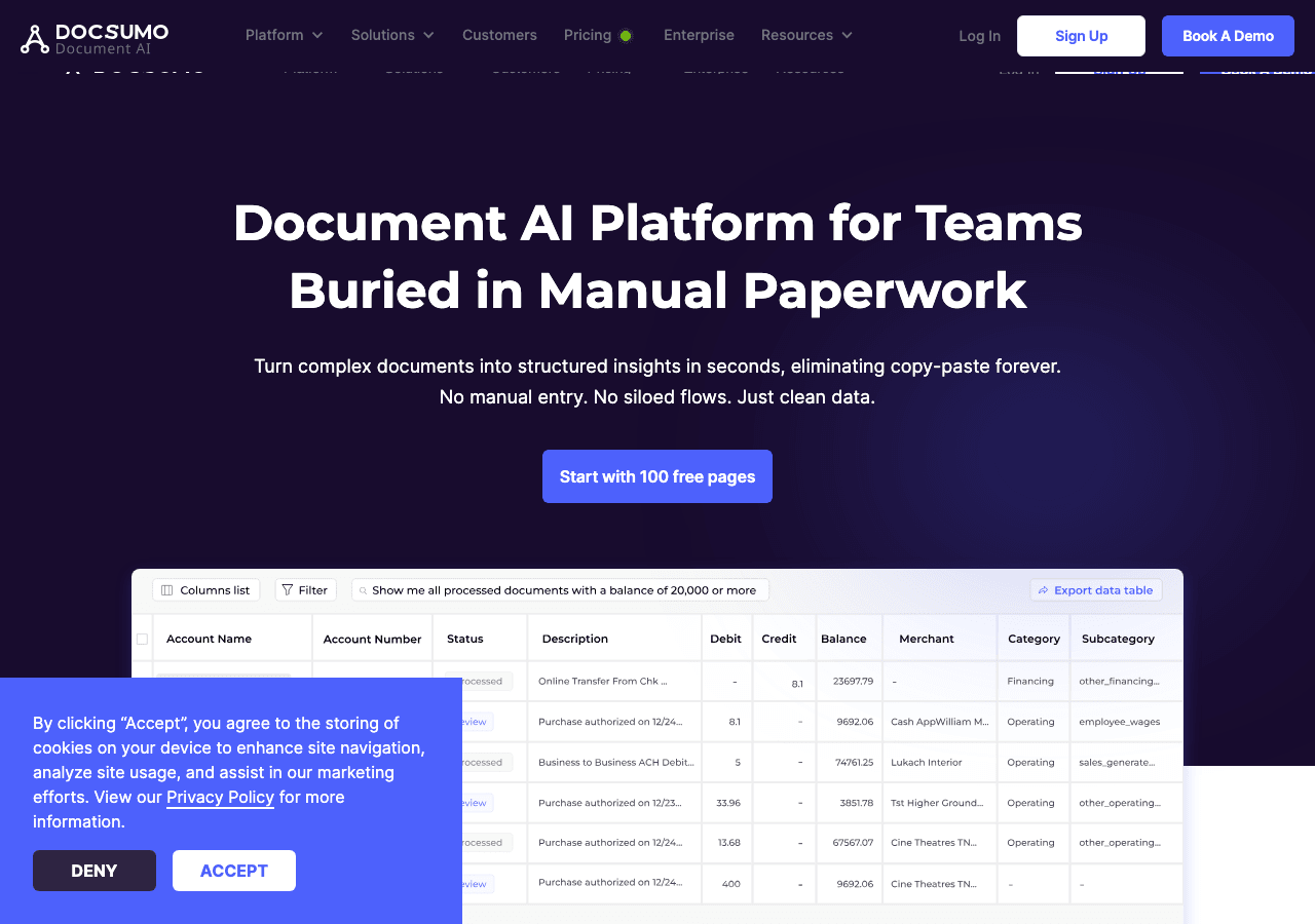 Docsumo Data Analytics showing Data Analytics - Automate data extraction with AI