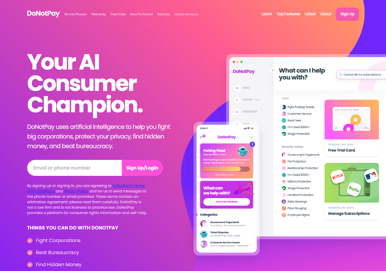 DoNotPay Conversational AI showing Conversational AI - The World's First Robot Lawyer