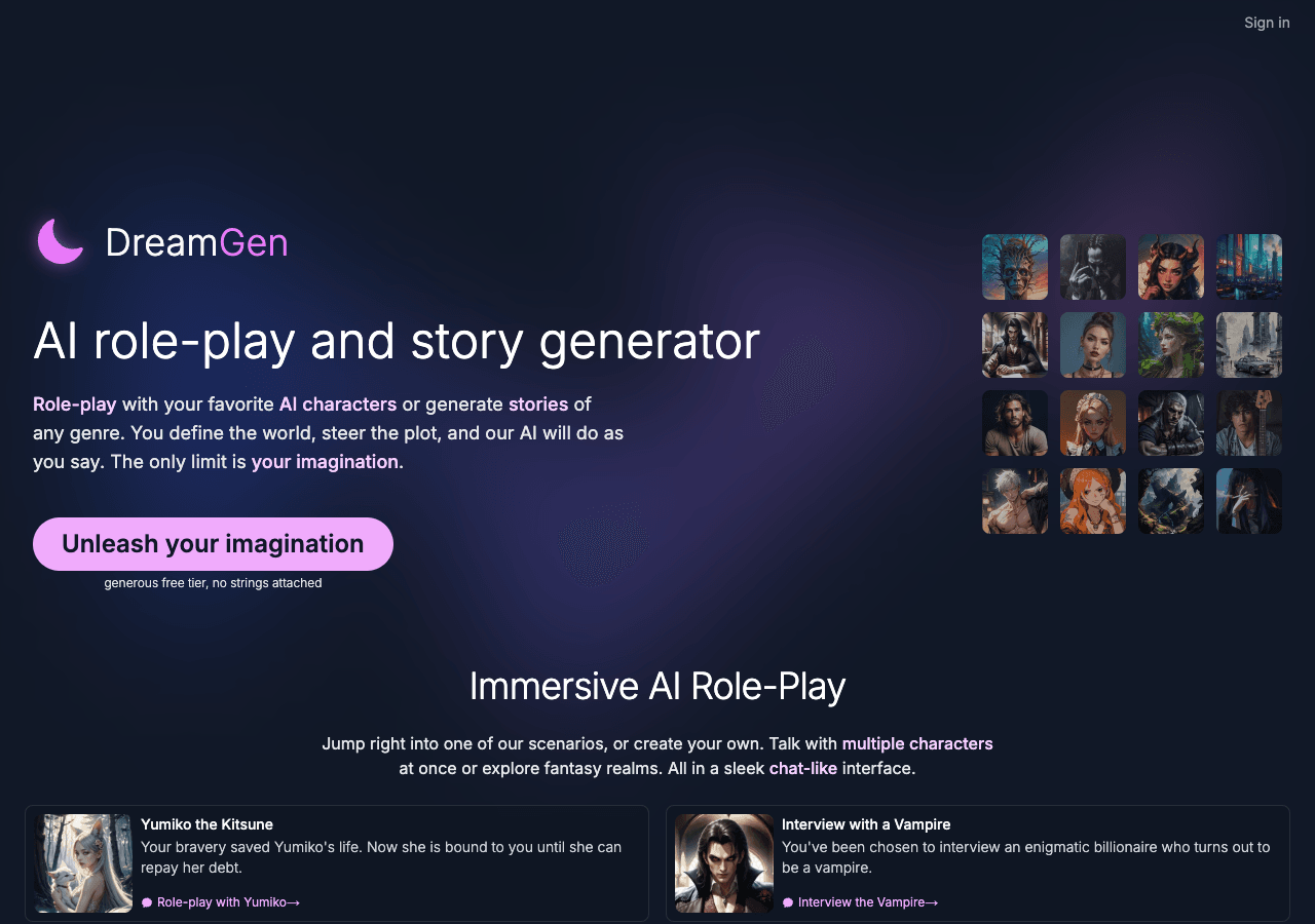 DreamGen Conversational AI showing Conversational AI - Unleash Your Imagination