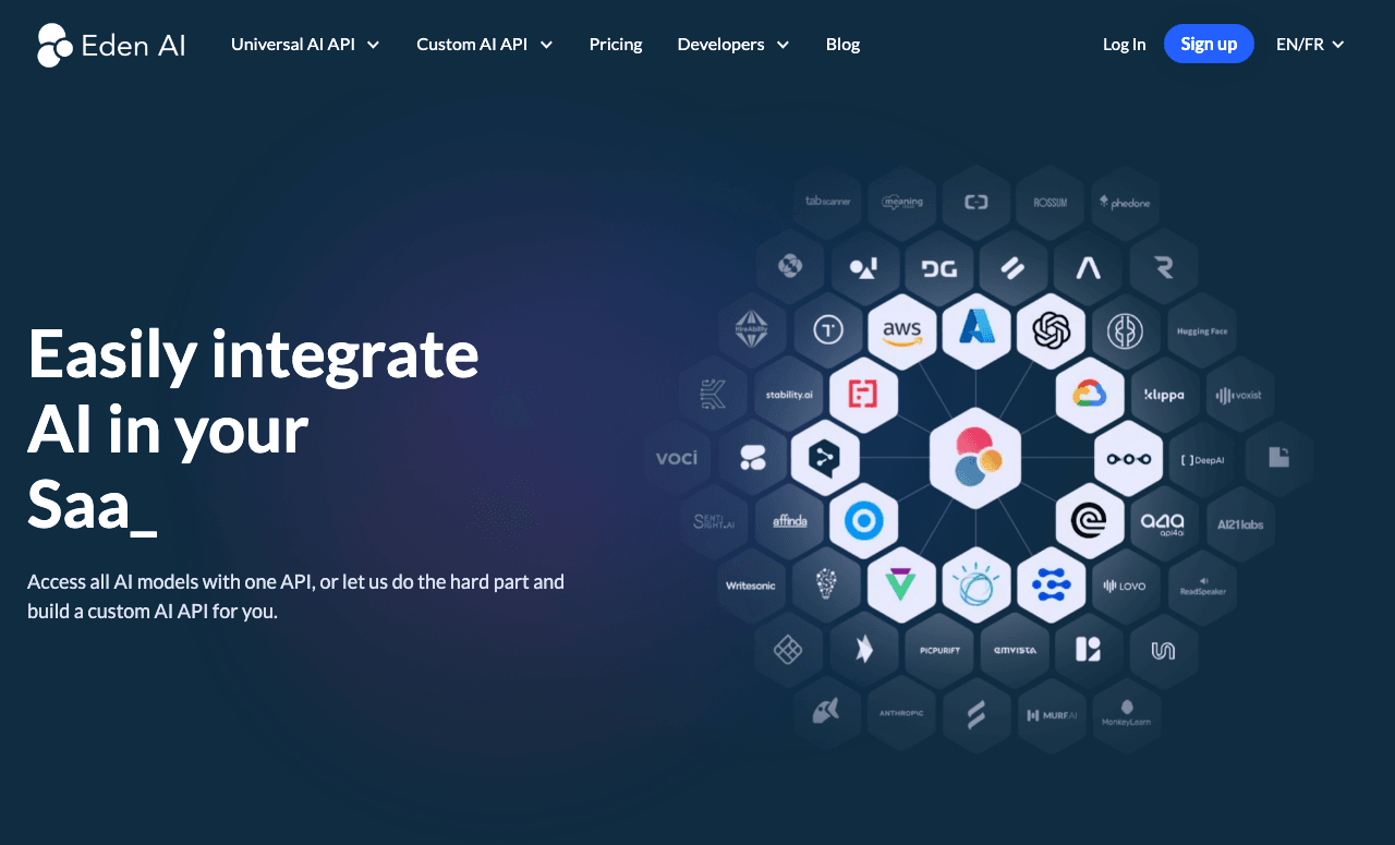 Eden AI Conversational AI showing Conversational AI - Tap into leading AI providers with one API. Or work with our team to bu
