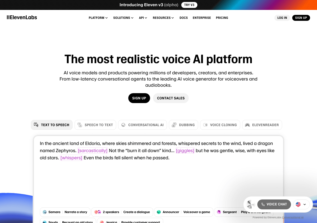 ElevenLabs Audio Generation showing Audio Generation - Make digital interactions fluid, natural, and effortless with lifelike