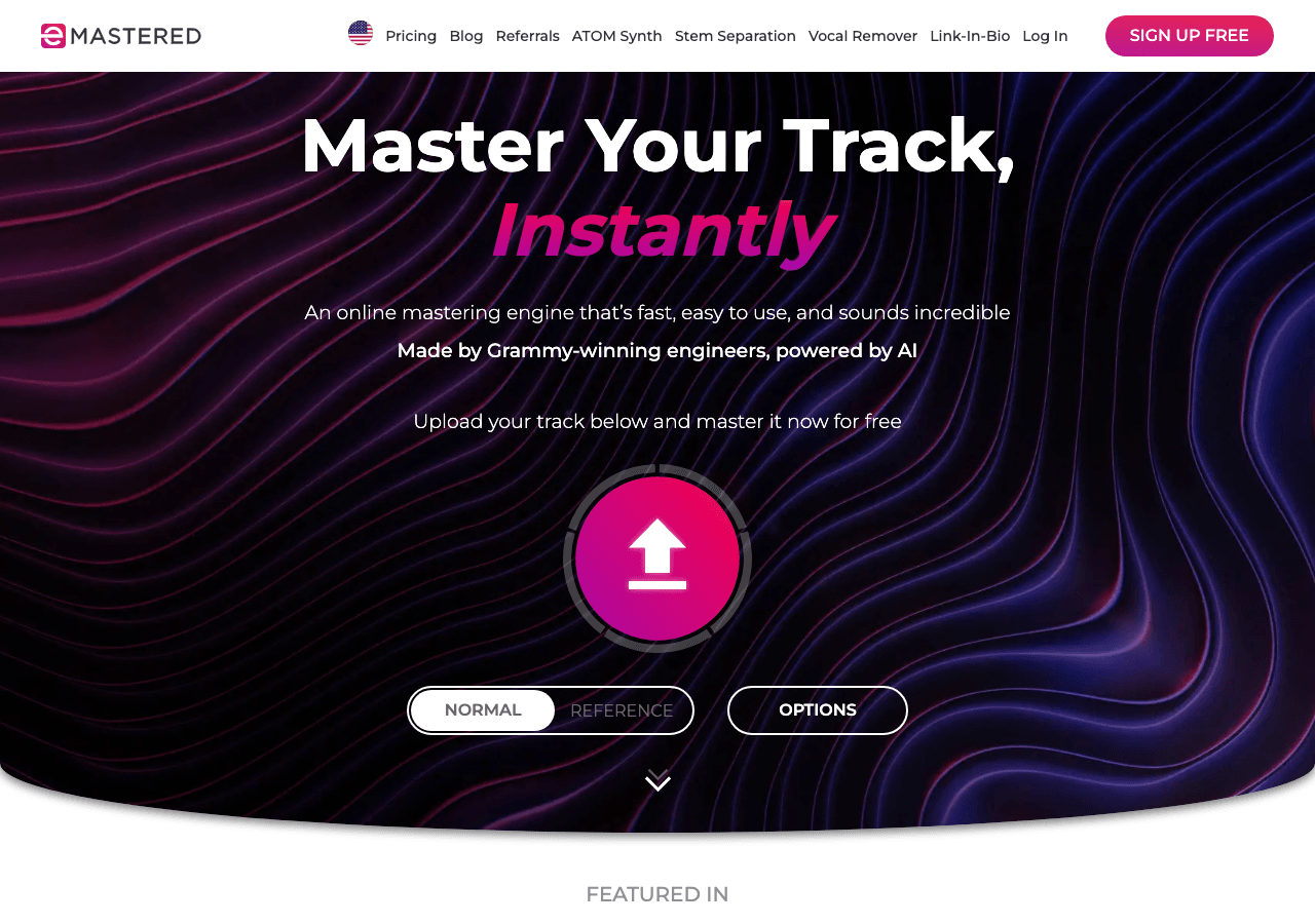 eMastered Audio Editing showing Audio Editing - Master Your Track, Instantly.