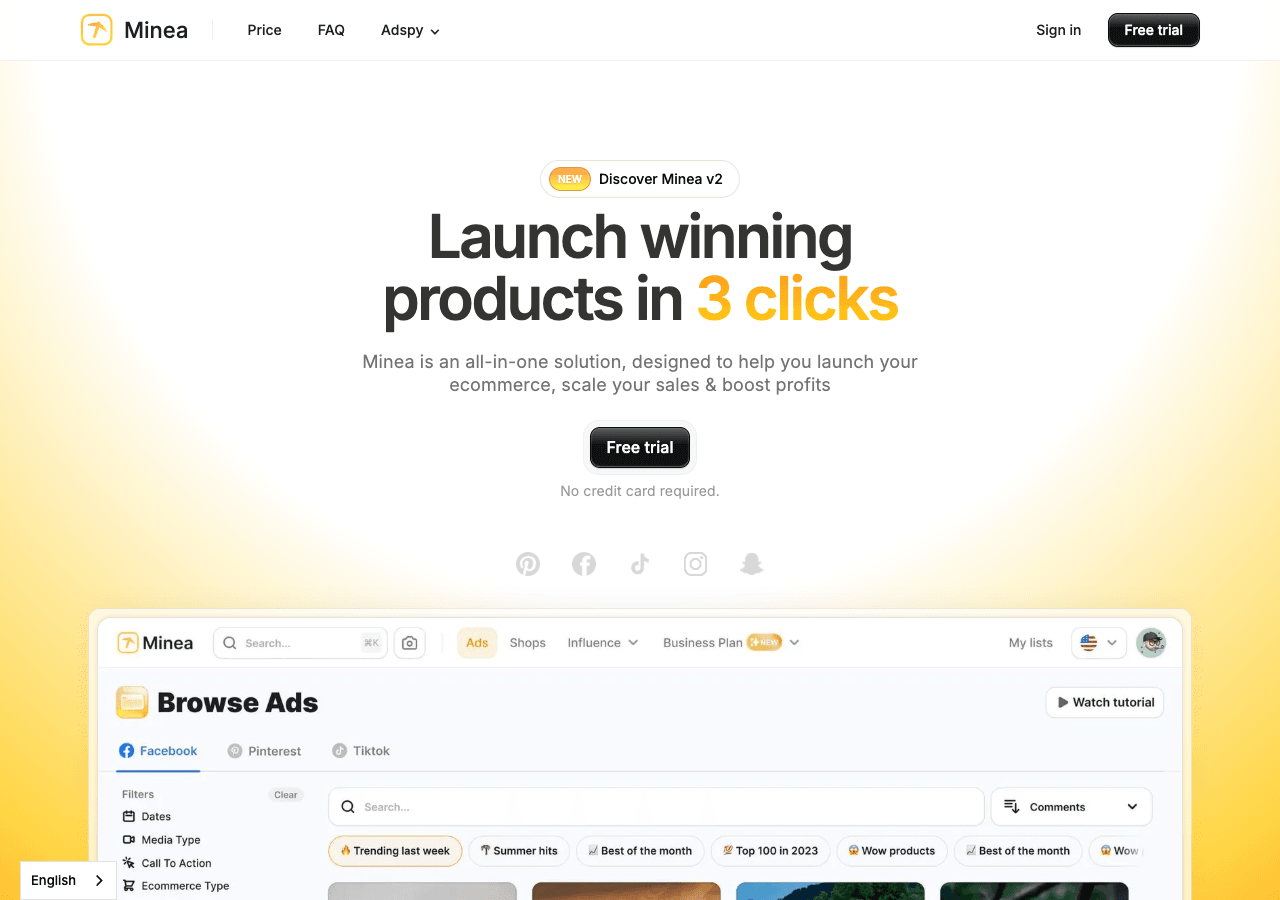 Minea Search & Discovery showing Search & Discovery - Leading Adspy for Ecommerce and Dropshipping Products