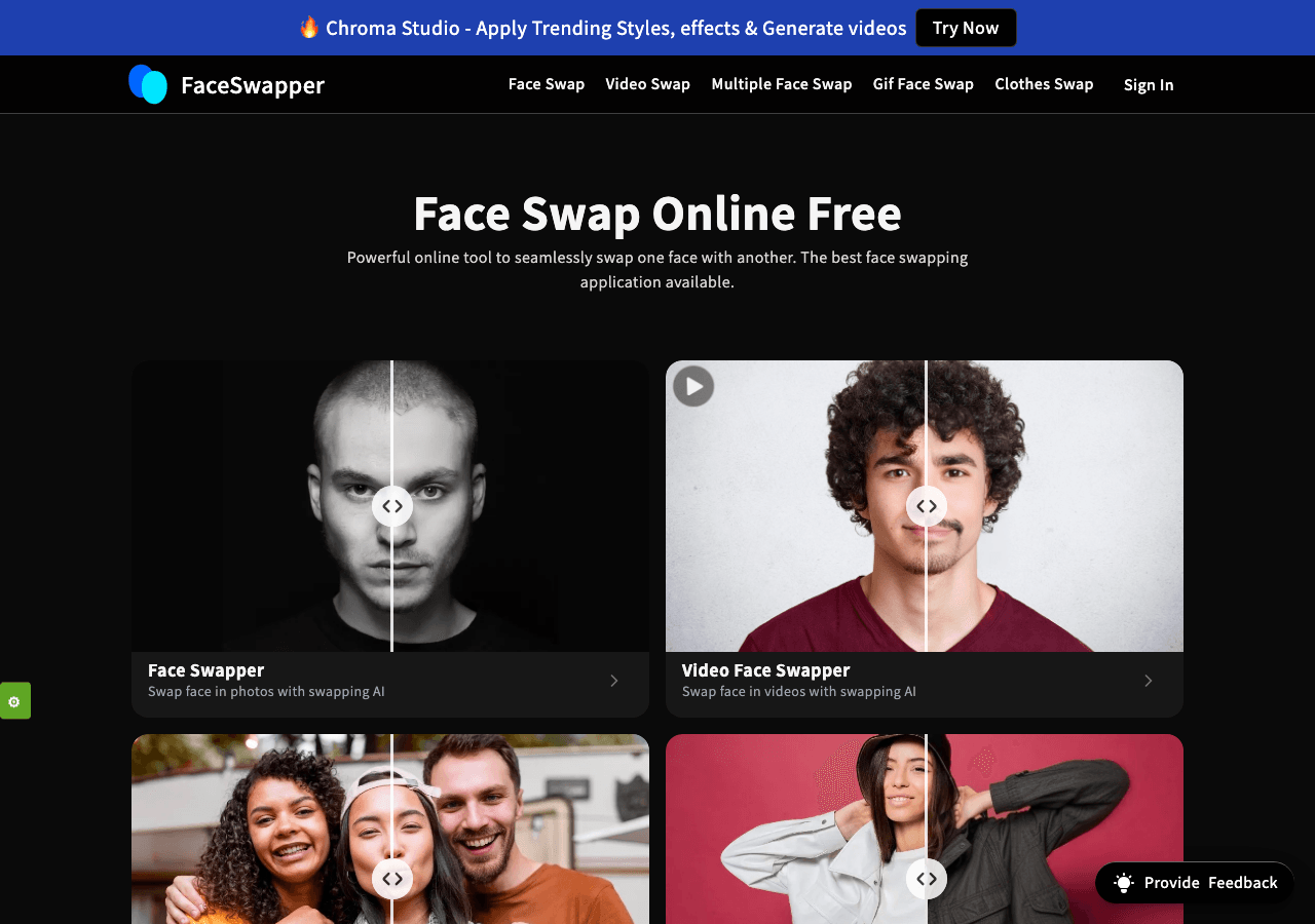 FaceSwapper Image Generation showing Image Generation - Realistic AI face swaps for photos, videos, and GIFs in seconds