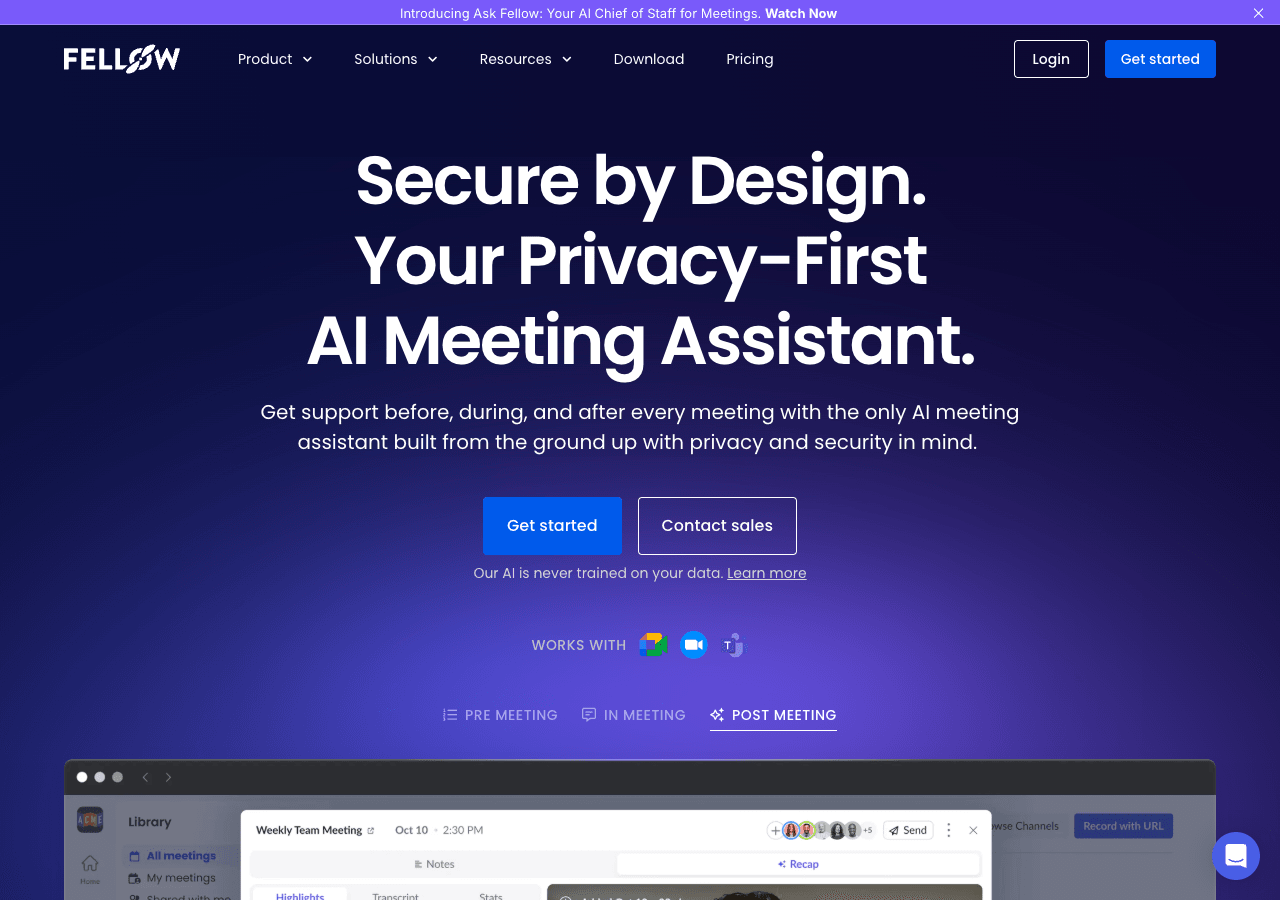 Fellow.app Productivity & Collaboration showing Productivity & Collaboration - Smarter meetings, better relationships.